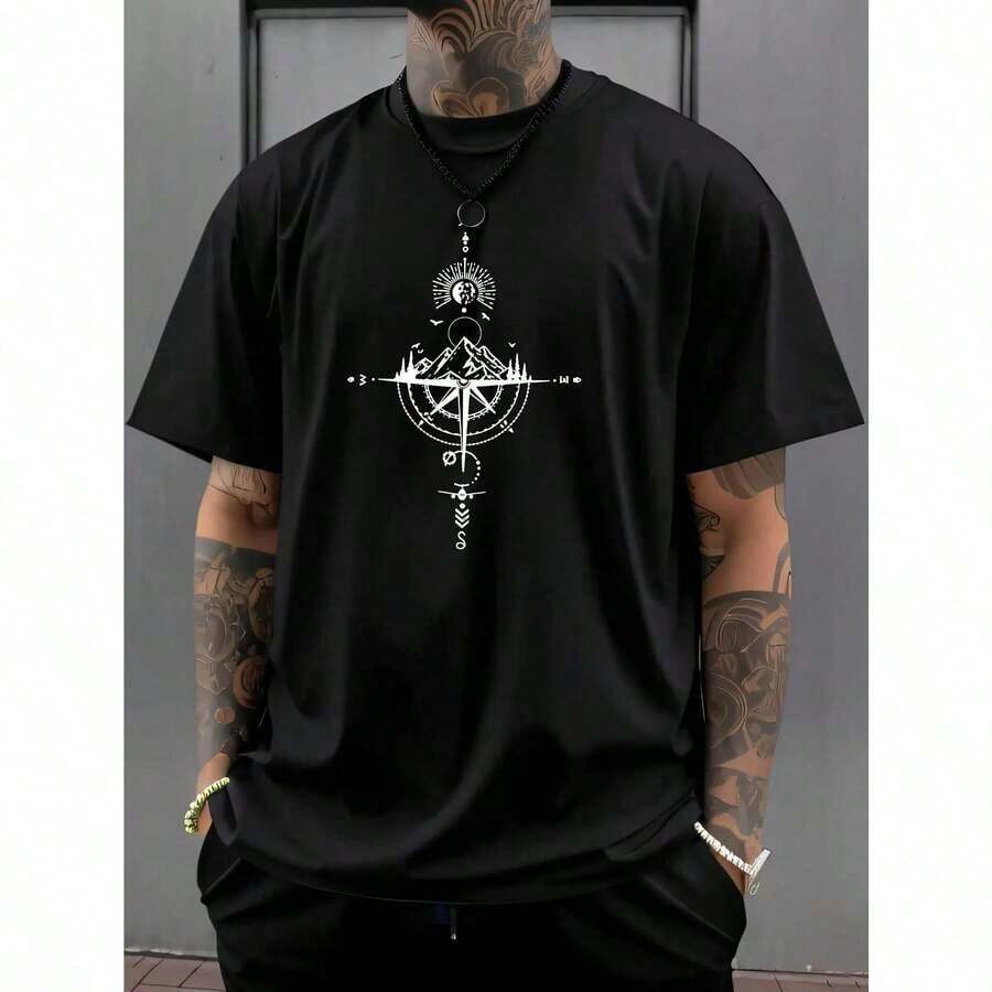 Men's Casual Short-Sleeved Retro Print Round Neck Sports T-Shirt, Suitable For Summer And Spring, Multifunctional Polyester Summer Top - Black - View 1