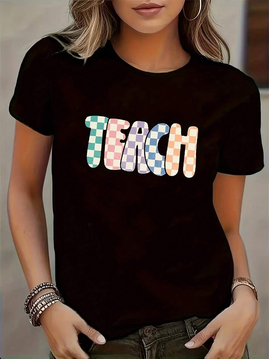 TEACH Women's Casual T-Shirt 100% Cotton With Pixel Print - Colorful Plaid Letter Print, Round Neck, Regular Fit, Machine Washable, Suitable For All Seasons, Casual Daily Wear. - 黑色 - 查看 1