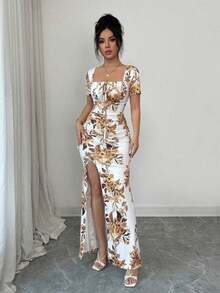 Vestido de verano de manga corta para mujer, vestido de vacaciones con estampado digital, vestido de playa y vacaciones con bajo con abertura, vestido largo con fruncido en la cintura - Amarillo - Ver 3