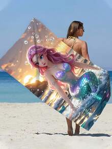 1pc Summer Portable High Absorbency Microfiber Beach Towel, Quick Dry Pink Mermaid Bubble Print, 70*140cm/90*180cm Optional, Suitable For Swimming, Vacation, Bath, Outdoor, Travel, Beach, Camping, Fitness - Multicolor - View 5