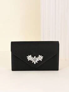 Women's Envelope Clutch Bag, Evening Purse With Rhinestone Flower,Chain Strap,Formal Handbag For Weddings,Proms,Cocktail Partiy & Special Occasion - Black - View 4