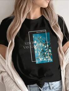 Women's Short-Sleeved T-Shirt With Van Gogh Art Print, Lightweight And Durable, In Black, Perfect For Casual Outings, Home Use, Cafes Or Outdoor Activities, Offering A Comfortable Fit And Stylish Design, Suitable For Everyday Wear. - 黑色 - 查看 12