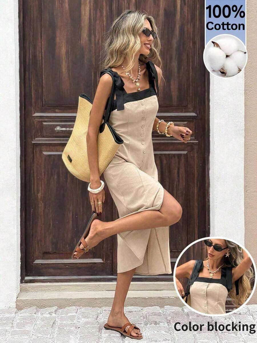 Vestido midi casual de vacaciones para mujer con bloqueo de color, cordones y botones delanteros - Multicolor - Ver 1