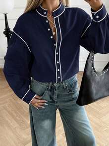 Blusa de mujer con cuello alto y ribete de color contrastante, blusa de algodón, otoño - Azul marino - Ver 6