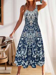 Fashionable Lightweight Floral Print Dress, Versatile For Casual, Vacation, Mother's Day, Suitable For Work, Travel And Home Wear, New Summer Collection - Navy Blue - View 6