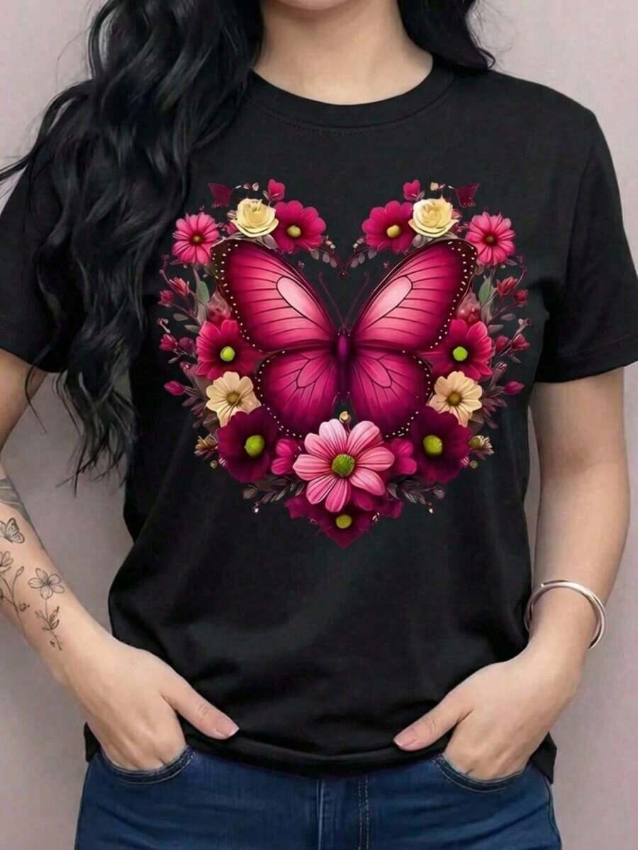 Women's Graphic Print T-Shirt With Butterfly, Magenta Heart, Flowers, Roses, Daisies, Spring/Summer, Round Neck, Short Sleeves, Casual Wear, Day/Night, Loose Fit - 黑色 - 查看 1