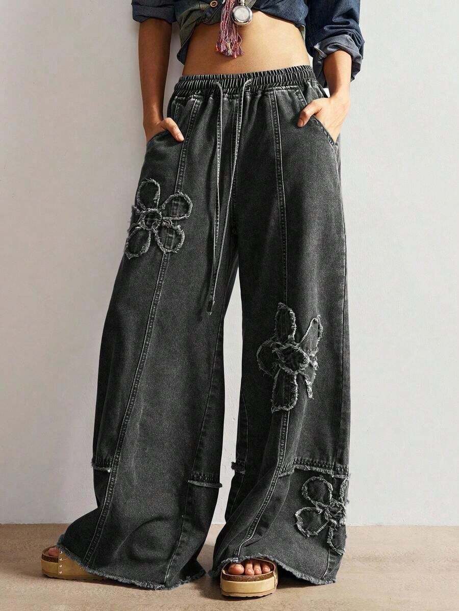 Jeans de pierna ancha de unicolor casual para mujer - Negro - Ver 1