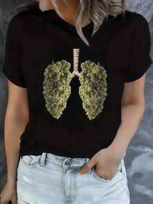 Lungs Formed By Green Branches Symbolizing The Connection Between Nature And Vital Breath; Women's White Casual Modern Comfortable T-Shirt For Everyday Wear - 黑色 - 查看 8