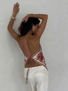 Blusa de mujer elegante con cuello de halter, estampado de tinte anudado y gasa para vacaciones en la playa - Marrón - Ver 3