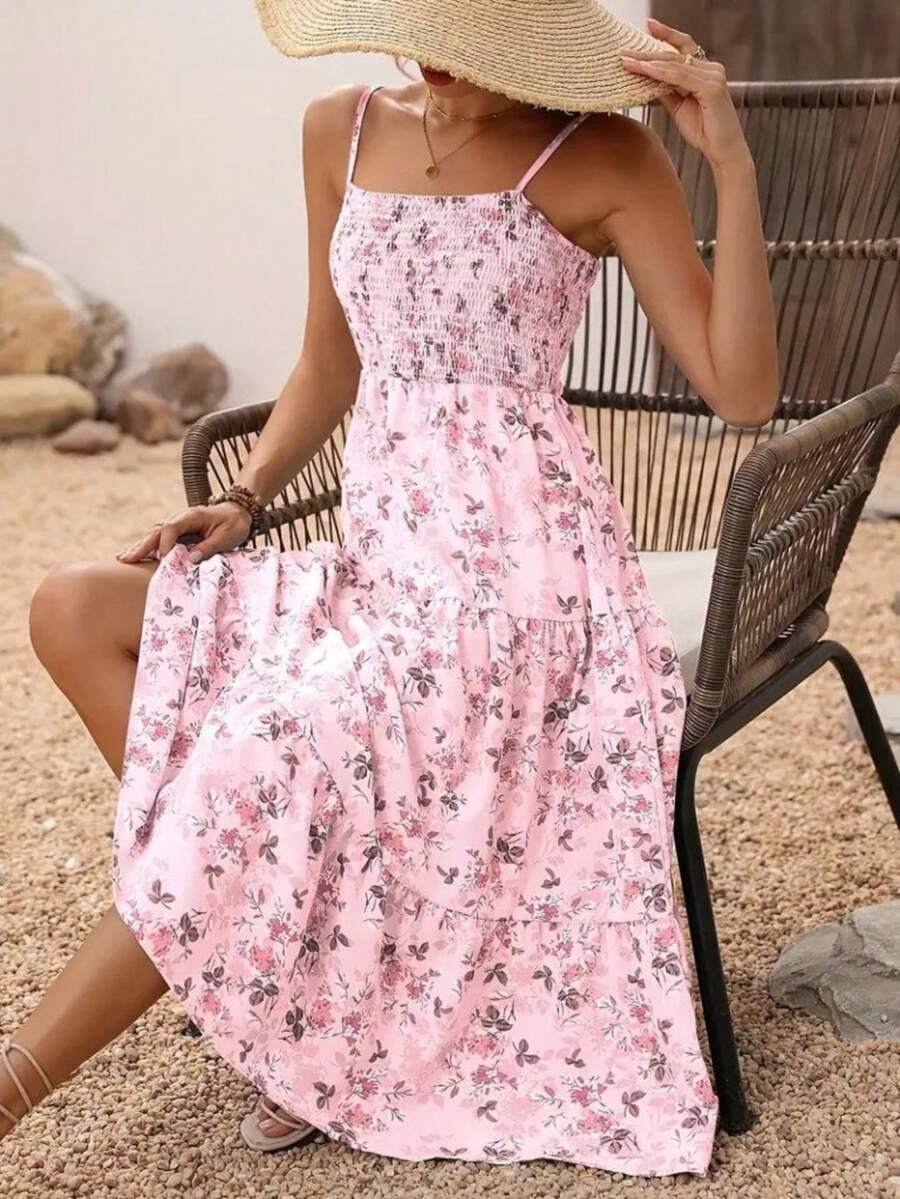 Women's Floral Print Ruffle Hem Spaghetti Strap Vacation Dress - Pink - View 1