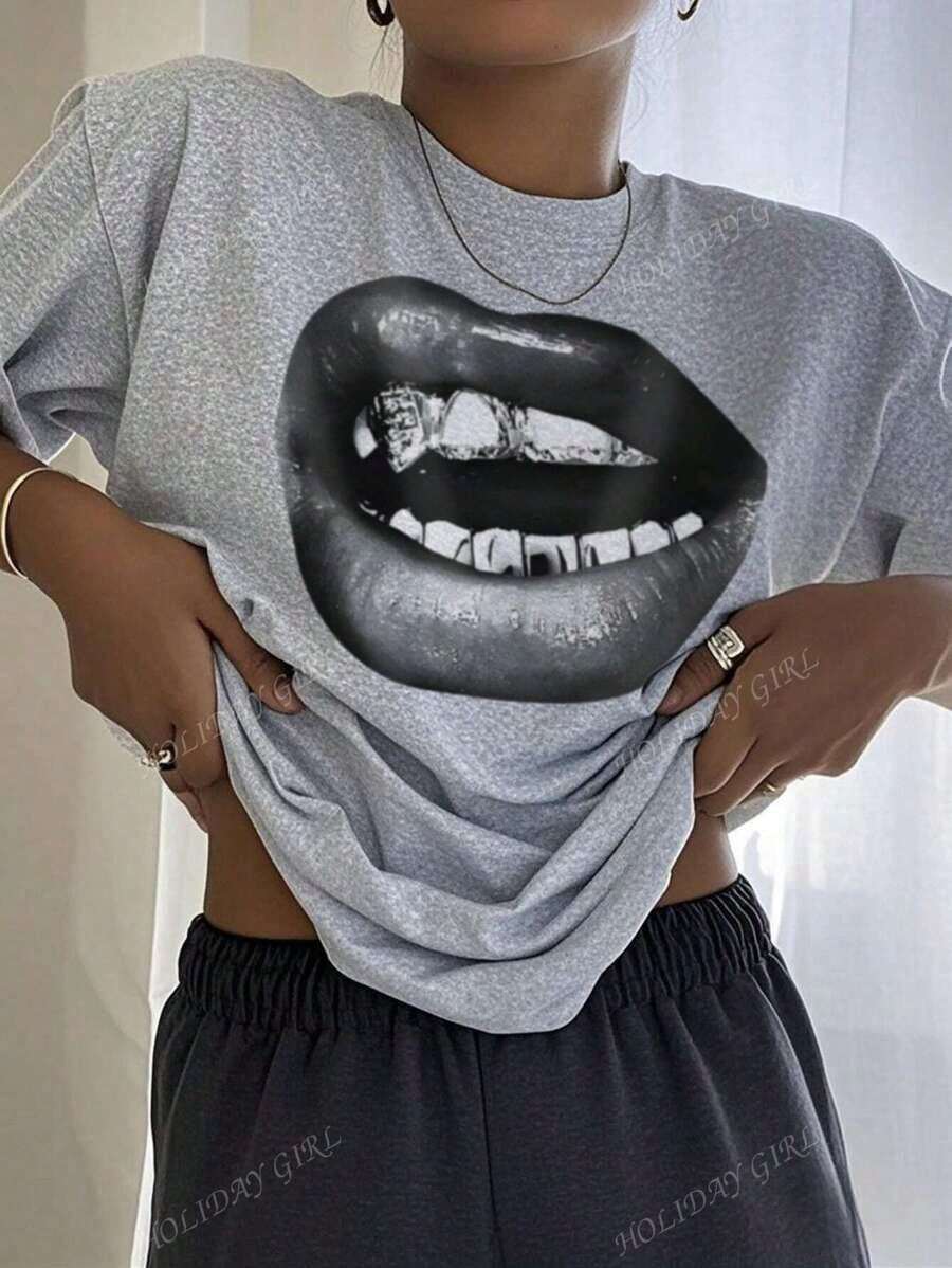 Envío gratis, entrega local enéxico, entrega en 4 días. Camiseta de verano para mujer, casual, con estampado personalizado, cuello redondo, moderna y versátil.Tops de Verano, Top Blanco, Top Rosa - Gris - Ver 1