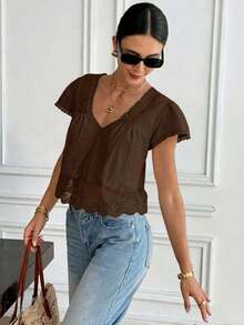 Blusa de mujer con cuello en V, manga corta y espalda con lazo, de encaje y parches, 100% algodón, estilo romántico francés, con diseño de espalda descubierta y mangas abullonadas, versátil para uso diario/casual, verano para mujeres, Día de San Valentín, Carnaval, vacaciones, blusa casual, top Y2K, blusa de encaje, blusa bohemia, top de encaje - Café integral - Ver 5