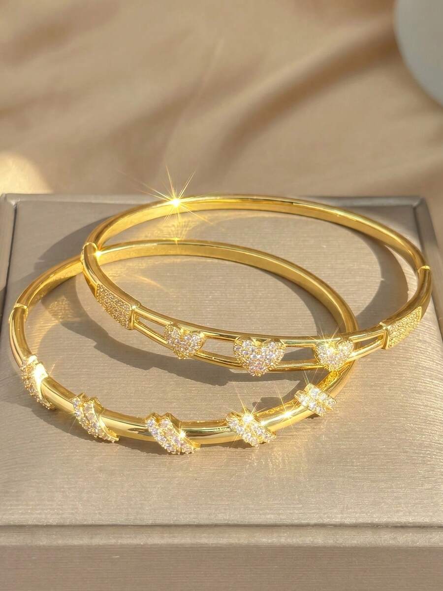 Bộ vòng tay mạ vàng 18K đính đá Zirconia | Vòng tay sang trọng họa tiết sọc chéo và hình trái tim | Trang sức thời trang phong cách Bohemian, phù hợp cho đám cưới, tiệc tùng, đeo hàng ngày, du lịch, bãi biển, lễ hội | Món quà hoàn hảo cho phù dâu, ngày Valentine, sinh nhật, Giáng sinh, kỷ niệm - Nhiều màu - Xem 1