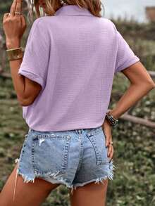 Camisa de verano para mujer, casual, suelta, de un solo botón y unicolor - Morado Violeta - Ver 2