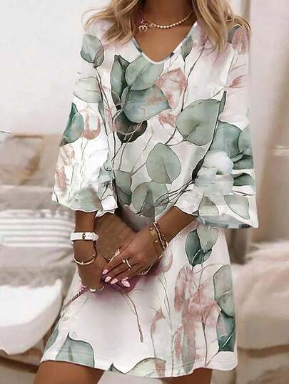 Watercolor Eucalyptus Leaf Print V-Neck Loose Dress, 3/4 Bell Sleeve Casual Loose Mini Dress, Bohemian Style Summer Vacation Everyday Mother's Day Party Dress