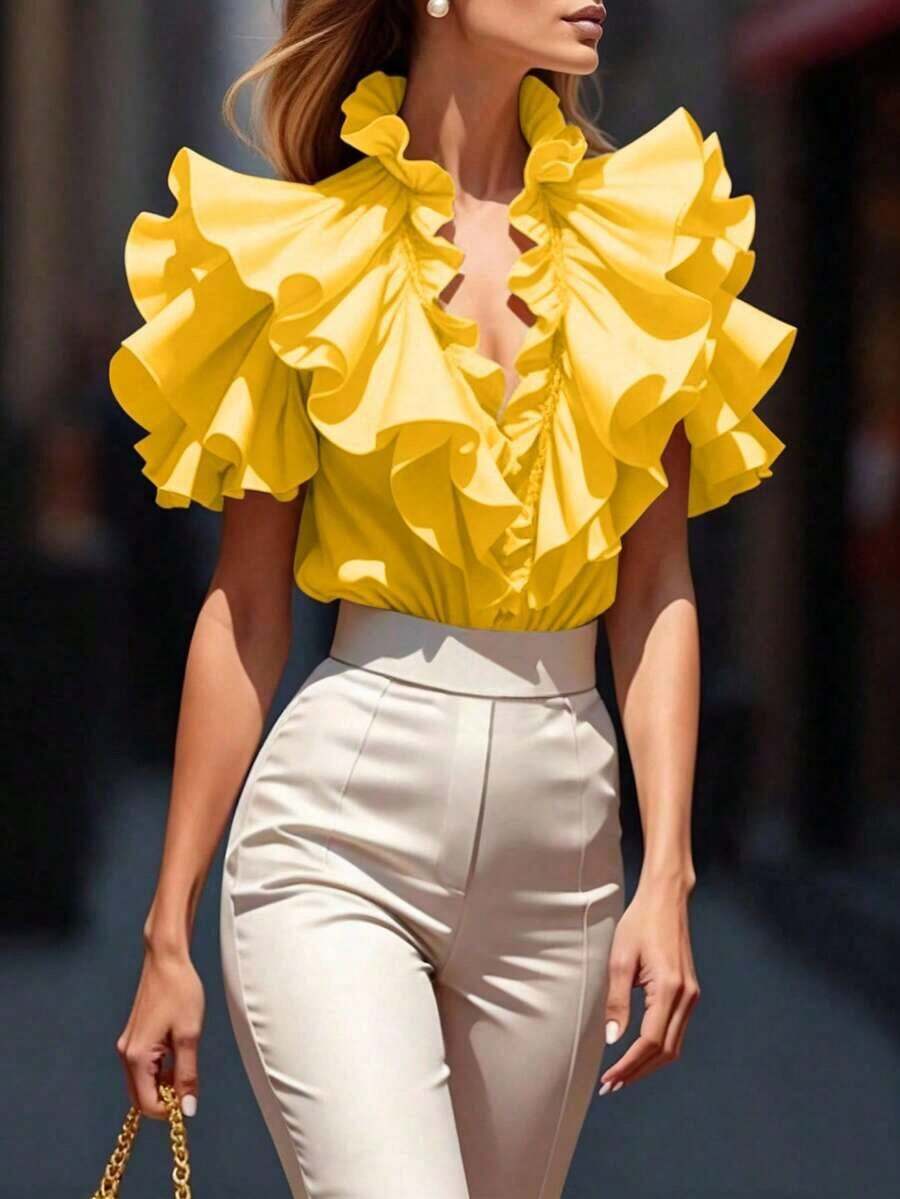 Blusa de mujer con cuello en V profundo, estampado de lunares y volantes multicapa - Amarillo - Ver 1