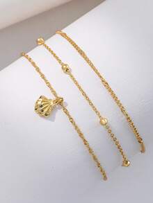 3pcs/Set Women Anklet Set, Bohemian Summer Beach Resort Stacking Style, Includes Golden Plated Round Bead Chain, Curb Chain, Wave Chain, Copper Inlaid Zirconia Shell Pendant Ocean Series Multi-Layer Anklet Accessories Gift - Yellow Gold - View 8