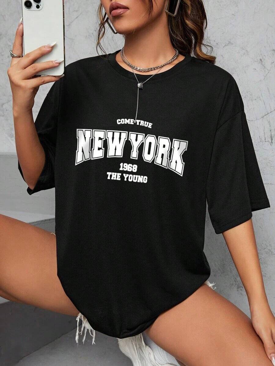 Camiseta con gráfico de letra de hombro caído, Camisetas gráficas para mujer - Negro - Ver 1