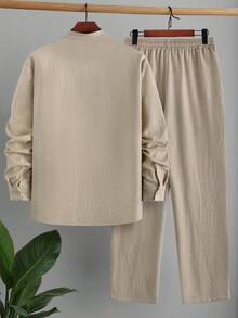 Men's Autumn 2-Piece Set, Single-Breasted Stand Collar Long Sleeve Shirt And Drawstring Solid Color Long Pants Casual Regular Fit Outfit, Top With Single Pocket, Versatile For Casual, Vacation, Outing, Dining, Dating, Home, Office - Apricot - View 7