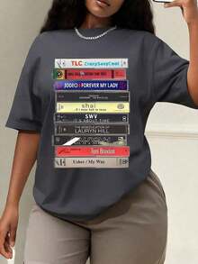 90s R&B Cassette Print T-Shirt, Women's Spring/Summer Clothing, Crew Neck T-Shirt, Women's T-Shirt, Women's Summer Short Sleeve Top, Women's Spring/Summer Sets - 深灰色 - 查看 1