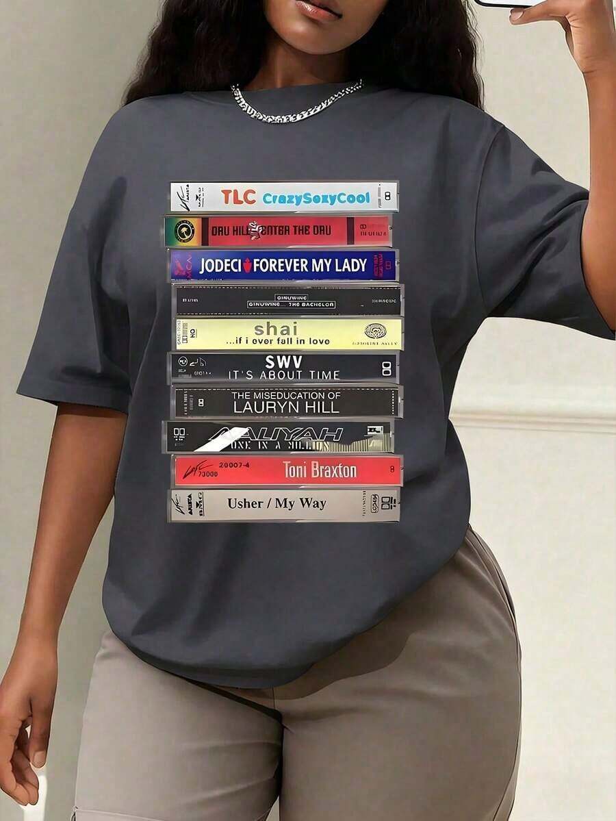 90s R&B Cassette Print T-Shirt, Women's Spring/Summer Clothing, Crew Neck T-Shirt, Women's T-Shirt, Women's Summer Short Sleeve Top, Women's Spring/Summer Sets - 深灰色 - 查看 1