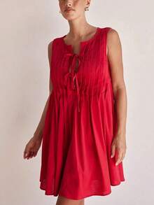 Vestido corto casual y sencillo sin mangas con lazo frontal de unicolor para mujer - Rojo - Ver 5