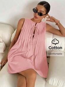 Vestido corto casual y sencillo sin mangas con lazo frontal de unicolor para mujer - Rosa Pálido - Ver 7