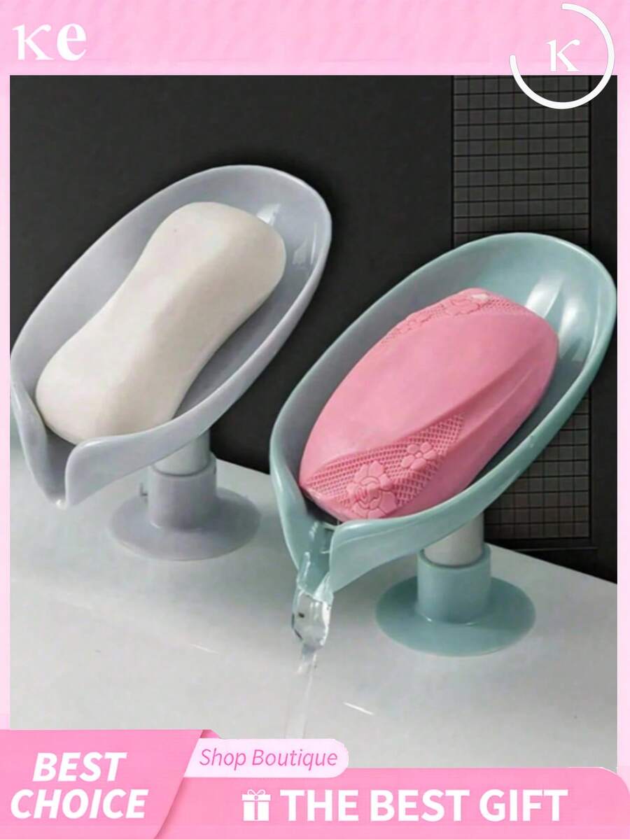 1/2pcs Leaf-Shaped Soap Dishes With Drainage Holes, Soap Holder,Soap Boxes With Suction Cups At The Bottom, Self-Adhesive Plastic Soap Racks, Soap Tray For Kitchen Bathroom, Soap Boxes, Bathroom Storage Tools,