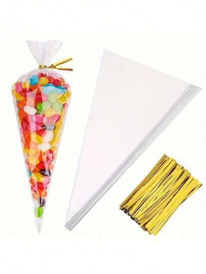50/100/200pcs Transparent Cone-Shaped Plastic Gift Bags With Gold Twist Ties - Ideal For Popcorn, Candy And Small Business Packaging