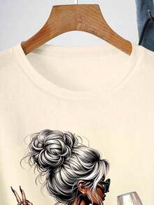 Camiseta de manga corta con estampado gráfico de moda para mujer, estilo casual minimalista de primavera/verano, con el eslogan motivacional positivo "Just Breathe". Camiseta de cuello redondo para mujer, divertida para amantes del vino, de corte relajado, adecuada para primavera, verano, otoño y uso casual al aire libre. Top de manga corta cómodo, suave y sencillo para uso diario. - Albaricoque - Ver 4