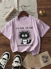 Women's Short-Sleeved T-Shirt With A Round Neck And Simple Slogan Print, Casual Summer Style, Loose Fit, Ideal For Everyday Wear And Holidays. Women's T-Shirt. - 淡紫色 - 查看 5
