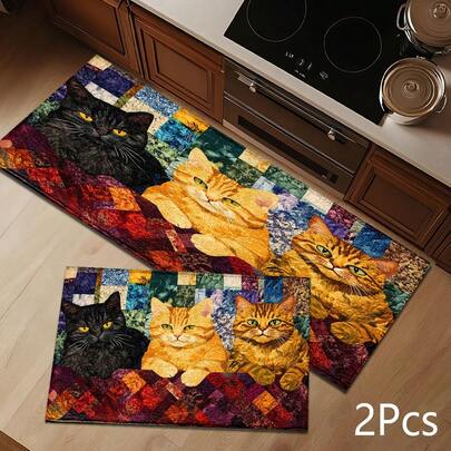 2D Three Cats Print Pattern Doormat, Soft And Durable Washable Floor Rug For Entryway, Porch, Indoor - Living Room, Bathroom, Bedroom, Game Room, Laundry Room, Dorm Decor