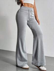 Otoño e Invierno nuevo Color sólido cordón mujeres acampanadas Casual moda vestir - Negro - Ver 2