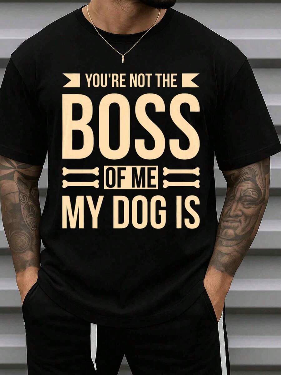 Camiseta Vintage Divertida para Hombre "Jefe de Mi Perro" - Estampado Humorístico para 60 Años, 180g 100% Algodón, Cuello Redondo Suave, Manga Corta, Estilo Casual, Negra para Amantes de Mascotas y Regalos de Navidad - Negro - Ver 1