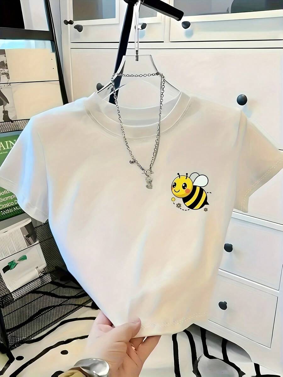 Women's High Waist Short Sleeve T-Shirt, Fashionable Y2K Style 2026 - Unique Design With Small Bee Print, Versatile, Fashionable, Sweet, Fresh, Spicy, Literary, Everyday, Versatile, Easy, , Medium Stretch Fabric, Breathable, Comfortable, For All Four Seasons, Casual Style - 白色 - 查看 1