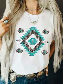 Camiseta Cuello Redondo Manga Corta Estampado Patron Turquesa Mujer - Blanco - Ver 6