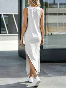 Vestido de punto casual de mujer con cuello redondo y dobladillo con abertura lateral en gris claro - Blanco - Ver 6