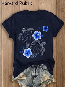A 100% Cotton Multicolor Crew Neck T-Shirt, With A Dark Gothic Style, Y2K Inspiration, Modern, Retro And Breathable, Suitable For Urban, Casual And Versatile Fashion, With A Print Of Two Sea Turtles And Three Blue Hibiscus Flowers. - 黑色 - 查看 6