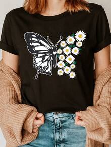 Camiseta con estampado de mariposas, top casual de manga corta y cuello redondo para verano y primavera, ropa de mujer - Negro - Ver 6