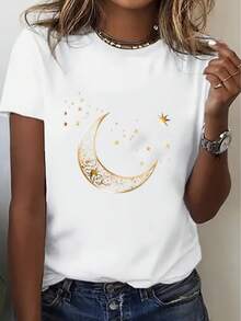 Camiseta de algodón de manga corta para mujer, camiseta de algodón de manga corta para mujer, camiseta con estampado de estrellas y lunas para mujer, top casual de manga corta con cuello redondo, top transpirable adecuado para uso diario, patrón bohemio de luna dorada y estrellas, camiseta moderna con estampado celestial, tallas 0-5XL. - Blanco - Ver 4