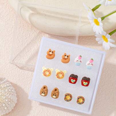 6 Pairs Cute Cartoon Bear, Donut, Cookie, Cake Pattern Earring Set, Suitable For Daily Wear, Party, Vacation, Jewelry Gift