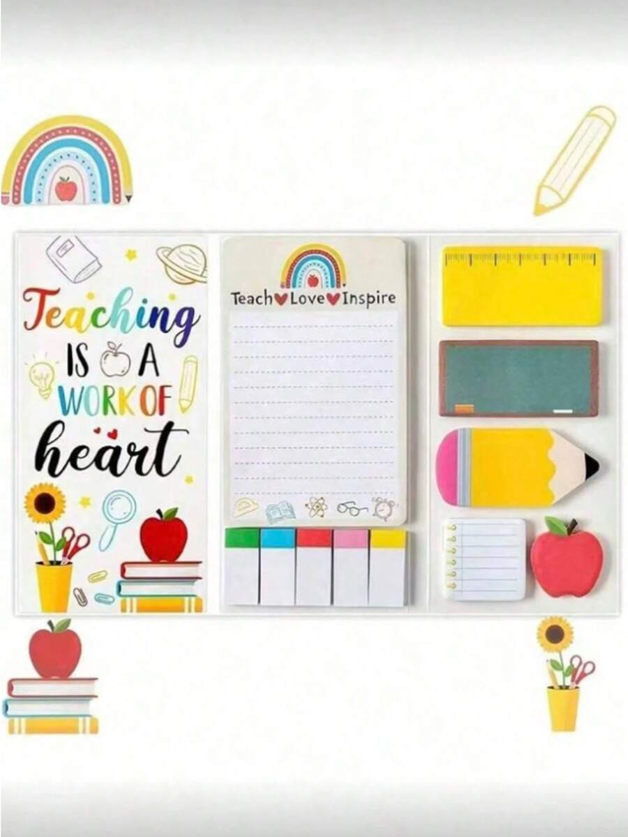 Set de libro de mensajes para la fiesta del Día del Maestro, incluye bloc de notas con dibujos animados, notas adhesivas personalizadas específicas para maestros, combo de bloc de notas y artículos de papelería, y regalo del Día del Maestro - A - Ver 1