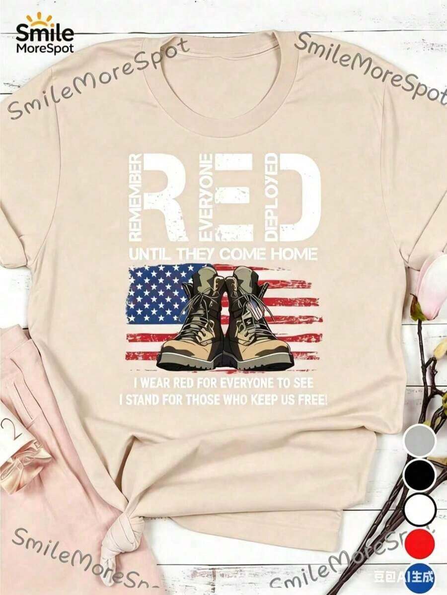 On Friday We Wear Red Shirts: US Veterans Shirts In Memory Of All Those Deployed, Regular Fit 100% American Flag Veterans Shirts, Military Sweatshirts With The American Flag, On Friday We Wear Red Shirts. - 杏色 - 查看 1