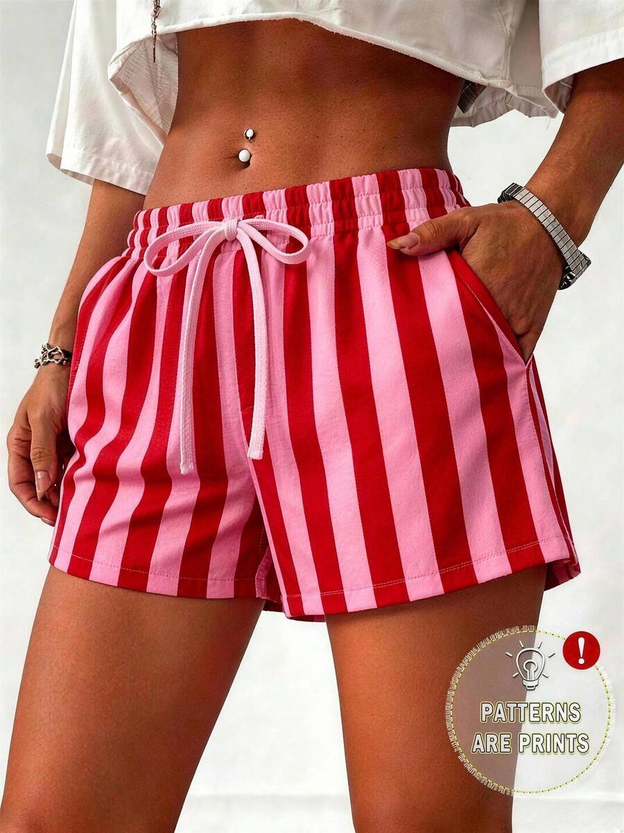 Women's Casual Printed Shorts, Crafted From A Soft, Smooth, And Skin-Friendly Knit Fabric, Featuring A Drawstring Waist, Pockets, And Slight Stretch. - 玫瑰紅色jw0504 - 查看 1