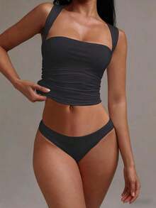 Camiseta sin mangas blanca casual y ajustada con cuello vuelto, adecuada para todas las estaciones, especialmente para el verano - Gris Oscuro - Ver 2