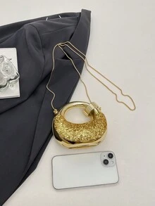 新款时尚优雅手提包，经典亚克力材质，亮片工艺，金属链条，小容量轻便简约斜挎包，适合女性日常生活、休闲、通勤、度假、聚会和学生使用。 - 金色 - 查看 5