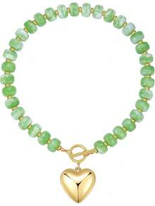 Colar com Pingente de Coração de Contas de Resina em Cores Variadas, Colar com Pingente de Coração Fofo Dourado, Colar Gargantilha de Acrílico da Moda (Cor Aleatória) - Multicolorido - Visão 16