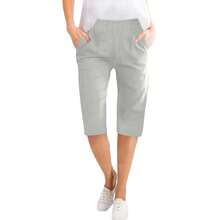Pantalones Capris de lino y algodón para mujer, pantalones con cordón de cintura elástica, pantalones cortos informales, pantalones diarios, cinco medias pantalón - Caqui - Ver 4