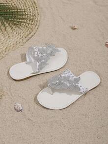2026 New Kids Slippers, Diagonal Strap With Gradient Rhinestones, Fashionable Design Girls' Summer Flip Flops, Pearl & Rhinestone Butterfly, Versatile White, Suitable For Home, Vacation, Beach Walks, Matching Outfits - White - View 3