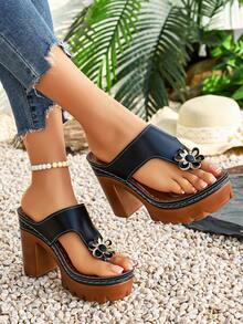 Retro Thick Sole High Heel Flip Flops For Women, 3D Floral Decor Sandals, Versatile Summer Outdoor Slippers - Black - View 3